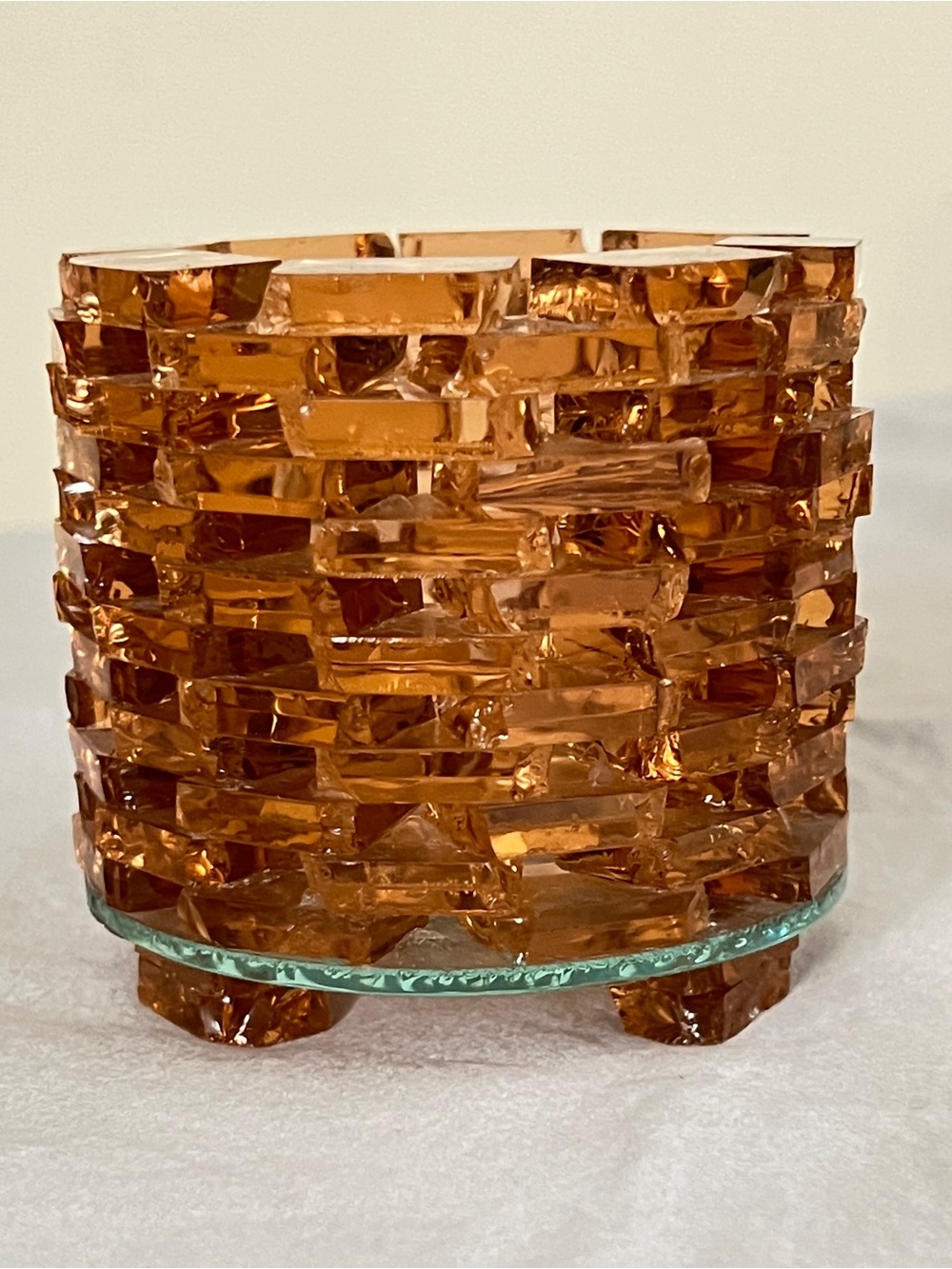 VCM Brutalist Amber Stacked Glass  Candle Holder Bright Uranium Glass Base